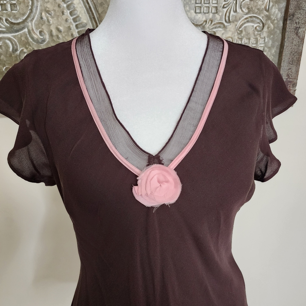 Sunny Leigh Y2K Chocolate & Pink 100% Silk Rosette Top Med Dainty 2000's Retro - Picture 3 of 9